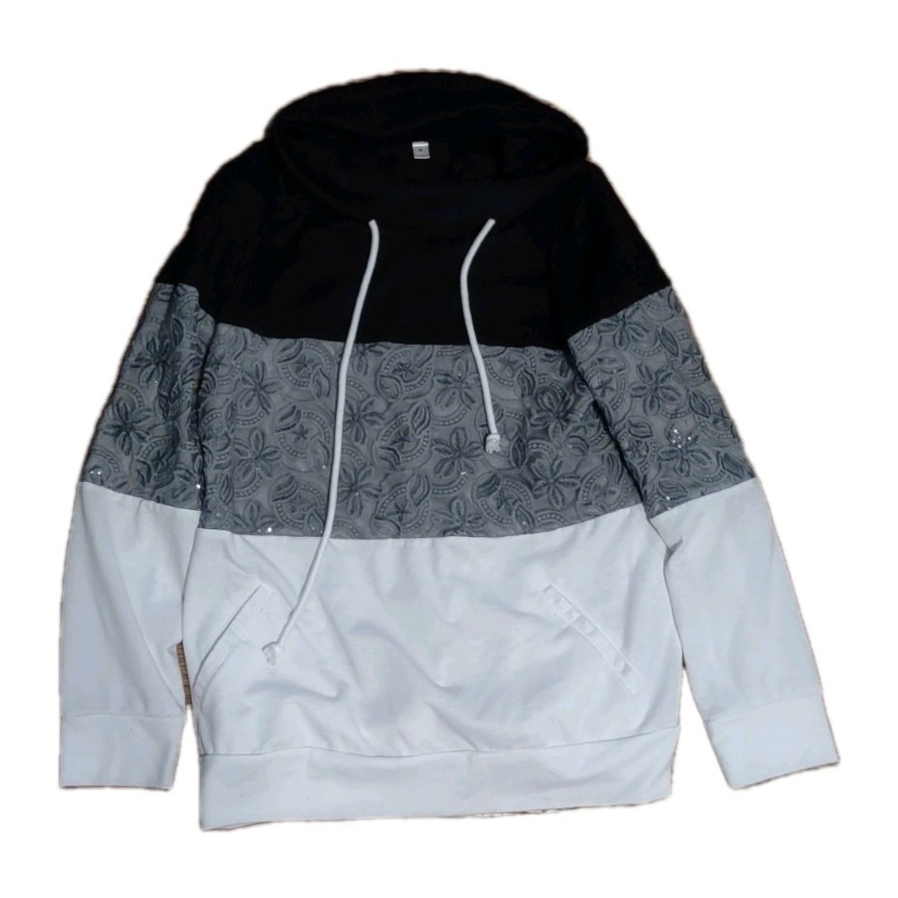 Black & White Colorblock Hoodie Floral Lace Inset Sequin Detail Women's Medium